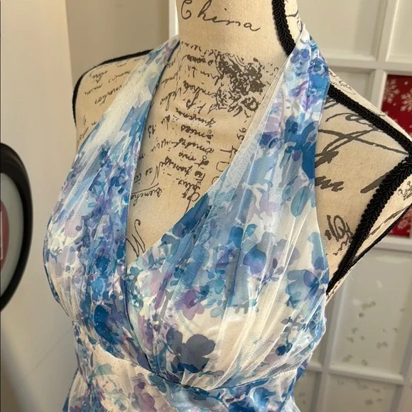 Prom! Elegant Blue Floral Halter Dress - Summer Weddings, Special Occasion - Picture 2 of 8